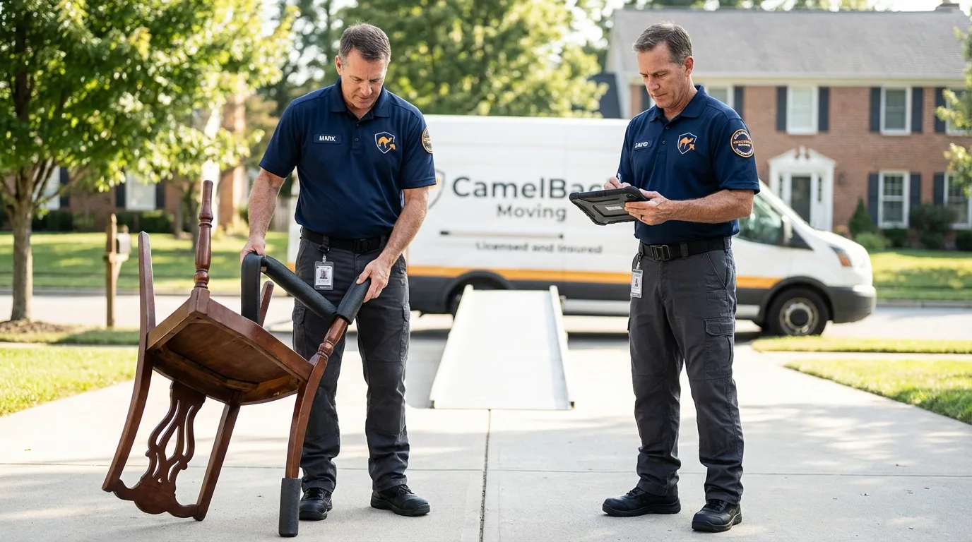 Movers inspecting furniture for damage prevention before loading in Coopersburg, PA