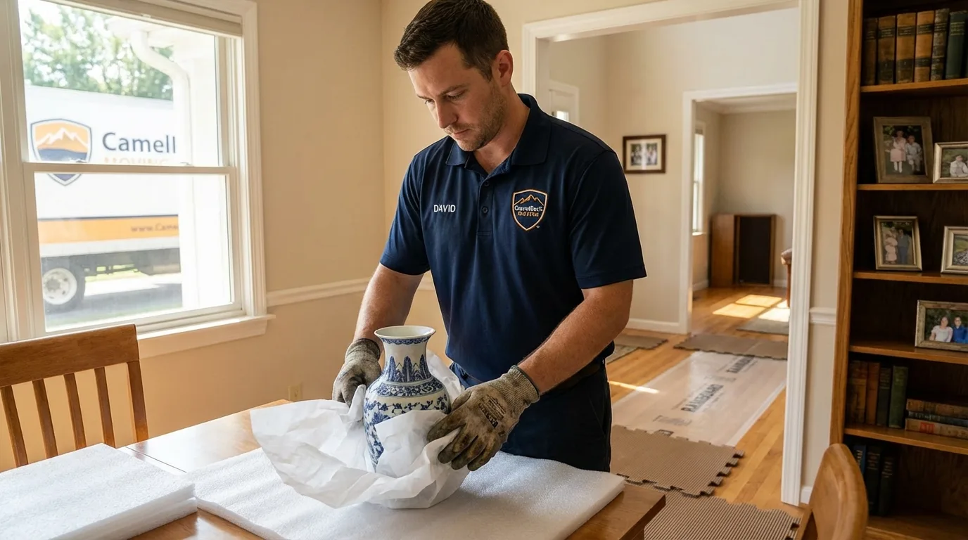 Professional crew carefully wrapping antique vase for senior downsizing move in Coopersburg, PA
